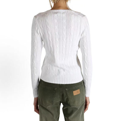 Ralph Lauren Petite Spurs Embroidered Solid Cotton Twill Gathered V-Neck Pullover Long Sleeve Ribbed Hem Skirted Sweater Standard Fit Women's White