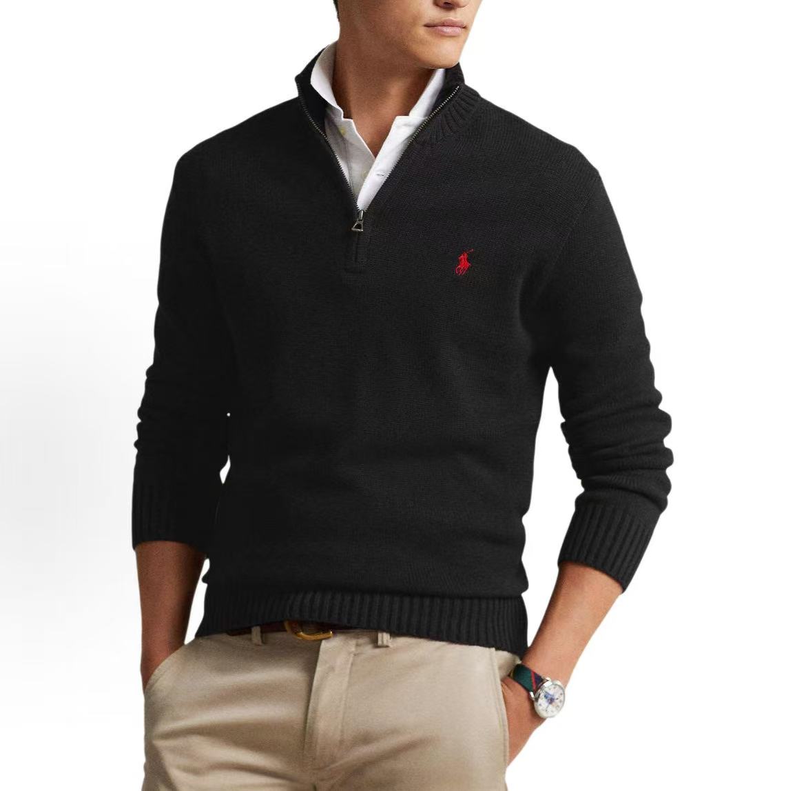 Ralph Lauren SS23 Pattern Logo Embroidery Print Half-Zip Pullover Long Sleeve Shirt for Men - Black
