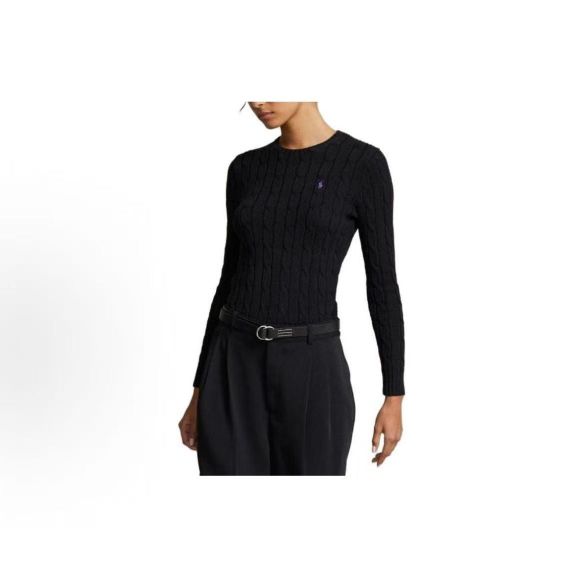Ralph Lauren SS23 Little Horse Embroidered Logo Pattern Twisted Knitted Cotton Roundneck Pullover Long Sleeve Knit Shirt Standard Fit Women's Black