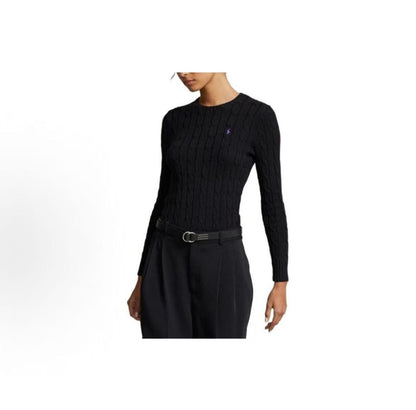Ralph Lauren SS23 Little Horse Embroidered Logo Pattern Twisted Knitted Cotton Roundneck Pullover Long Sleeve Knit Shirt Standard Fit Women's Black