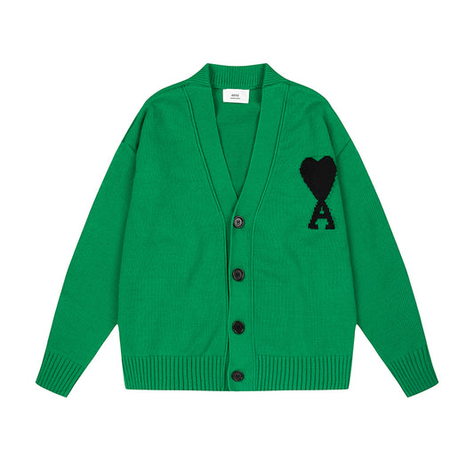 AMI Logo Cardigan Sweater Dark Green