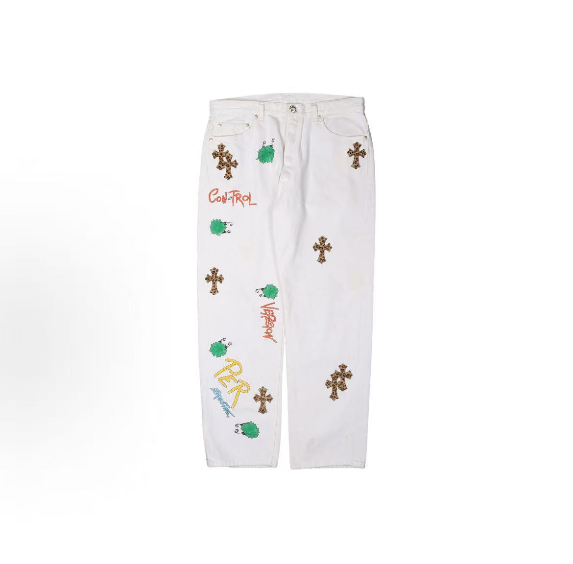 Chrome Hearts Matty Boy series Leopard print cross patch letter print button long pants, denim, for both men and women alike