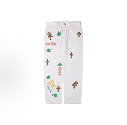 Chrome Hearts Matty Boy series Leopard print cross patch letter print button long pants, denim, for both men and women alike