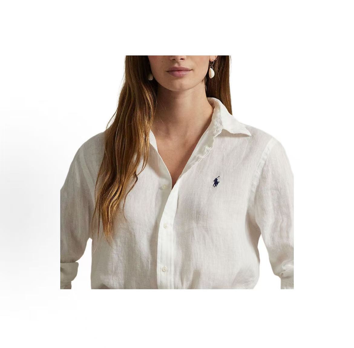 Ralph Lauren Petite Spurs Embroidered Solid Linen V-Neck Long Sleeve Sleeveless Collar Button Front Shirt - Blonde Hair - Women's - White
