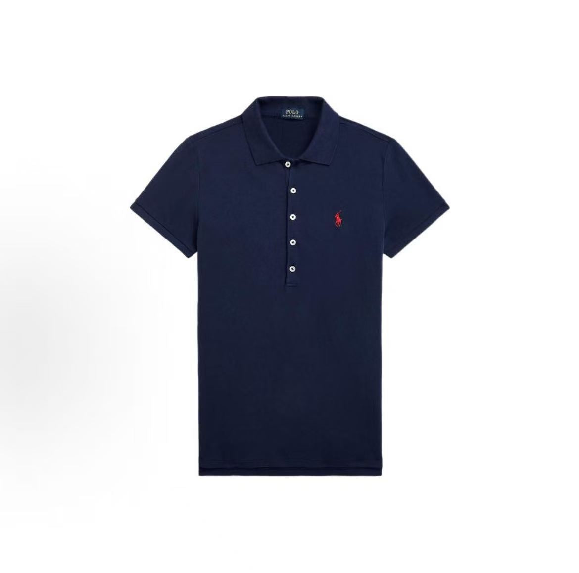 Ralph Lauren SS22 Petite Spurs Embroidery Solid Breathable Stretch Cotton and Polyester Blend Five-Pocket Collar Hooded Short Sleeve Front Short Back Long Hem Polo Shirt - Slim Fit Women's Style - Navy Blue