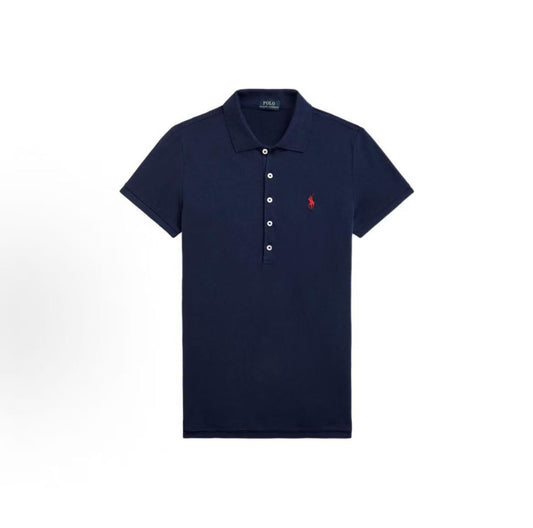 Ralph Lauren SS22 Petite Spurs Embroidery Solid Breathable Stretch Cotton and Polyester Blend Five-Pocket Collar Hooded Short Sleeve Front Short Back Long Hem Polo Shirt - Slim Fit Women's Style - Navy Blue