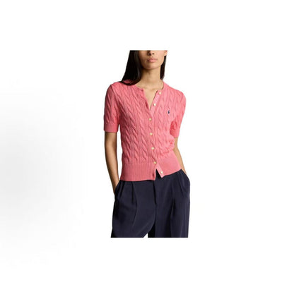 Ralph Lauren SS24 Solid Striped Logo Embroidered Single-Button Short-Sleeved Knit Shirt, Form-fitting Style, Women's Size, Pink