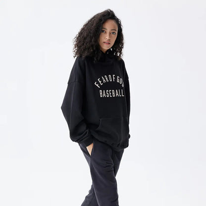 FOG FEAR OF GOD Season 7 Baseball Flocked Hoodie Casual Sweatshirt Black