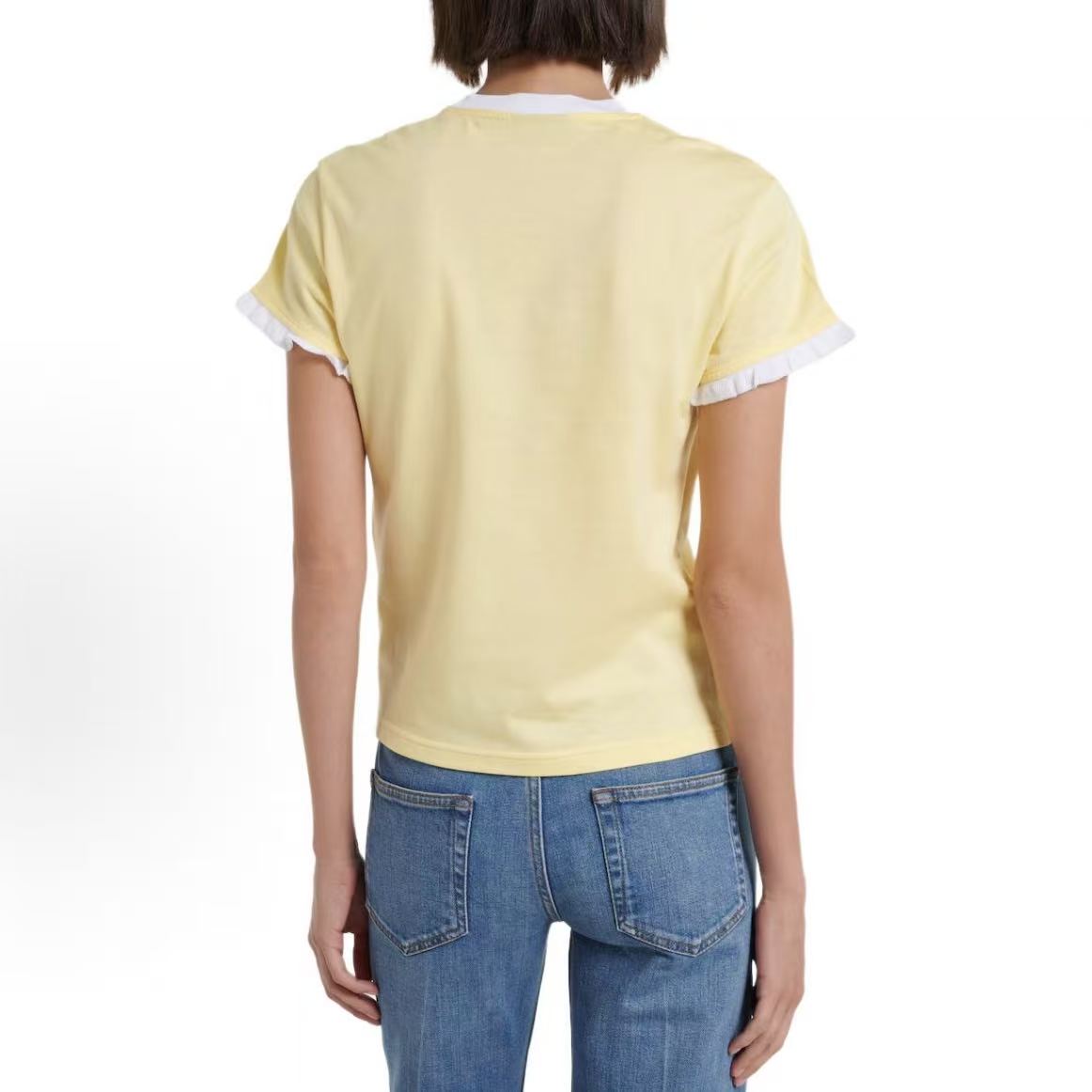GUCCI Generation Gucci Collection 2026 Spring Summer Short Sleeve Ruffled Edged Printed Knit Cotton T-Shirt for Women