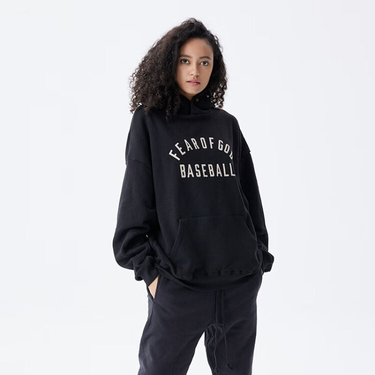FOG FEAR OF GOD Season 7 Baseball Flocked Hoodie Casual Sweatshirt Black