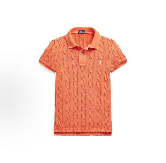 Ralph Lauren SS24 Little Horse Embroidered Logo Pattern Twisted Knitted Cotton Ribbed Polo Neck Double Button Collar Hooded Short Sleeve Polo Shirt for Women, Orange Color