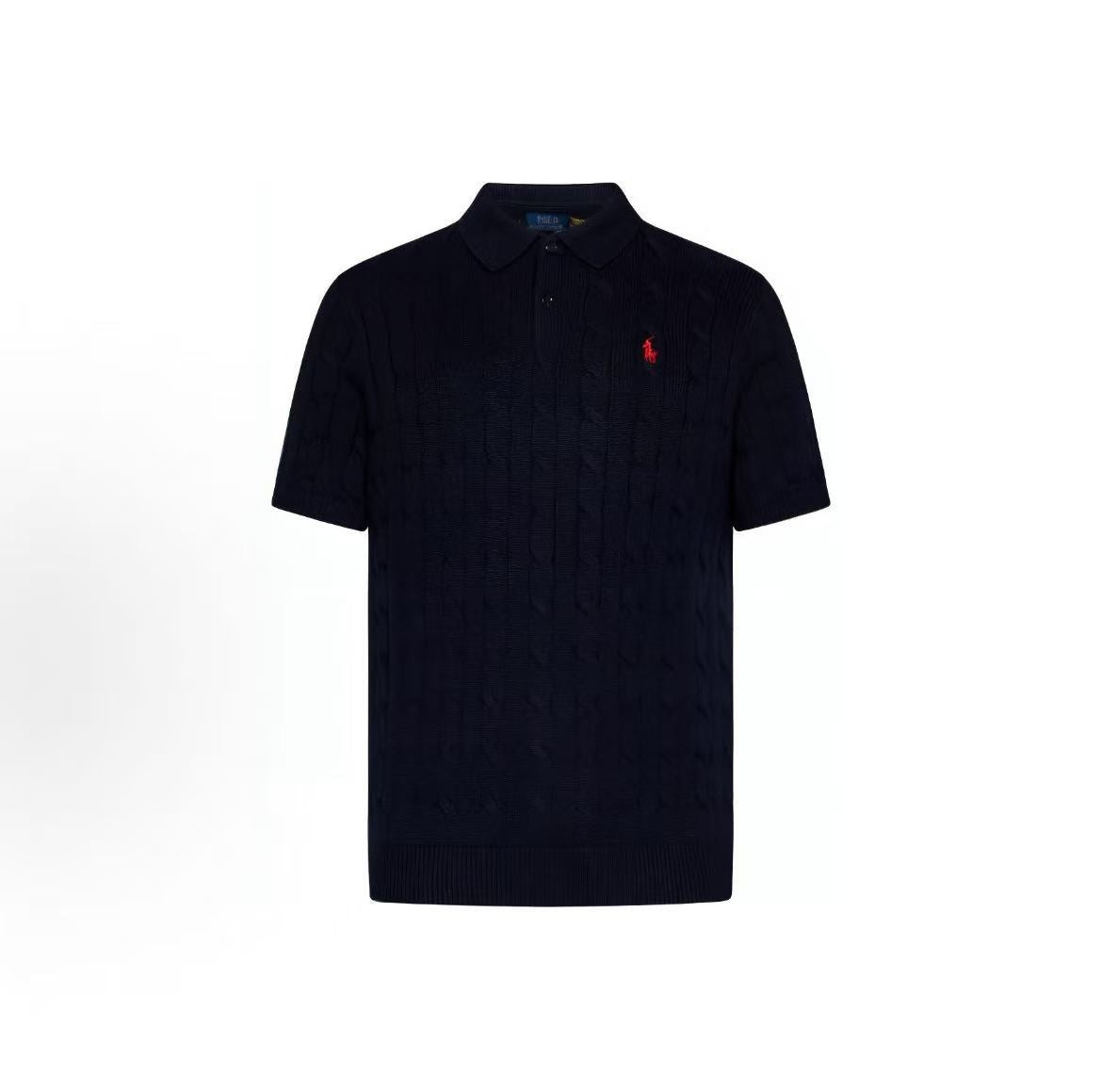 Ralph Lauren SS24 Pony Embroidered Logo Pattern Twisted Flower Knitted Cotton Button Hooded Short sleeved Polo Shirt Standard Edition Men's Blue