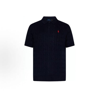 Ralph Lauren SS24 Pony Embroidered Logo Pattern Twisted Flower Knitted Cotton Button Hooded Short sleeved Polo Shirt Standard Edition Men's Blue