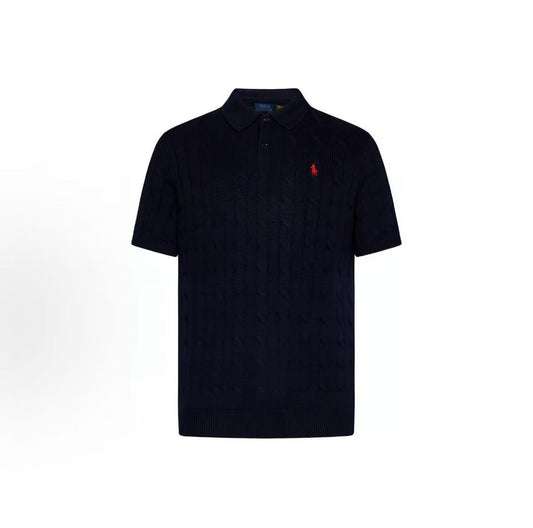 Ralph Lauren SS24 Pony Embroidered Logo Pattern Twisted Flower Knitted Cotton Button Hooded Short sleeved Polo Shirt Standard Edition Men's Blue
