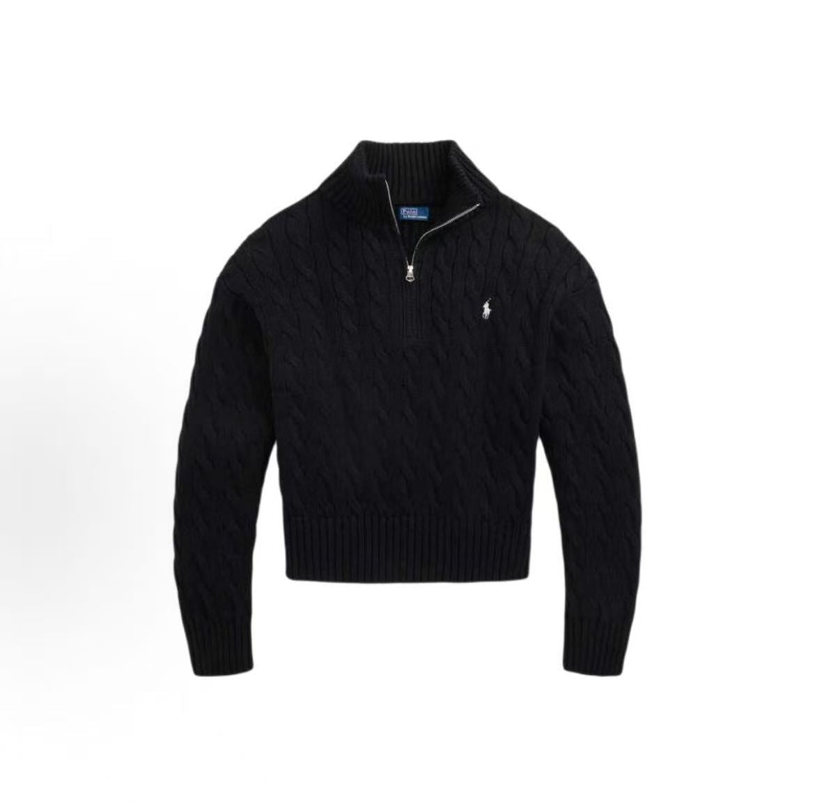 Ralph Lauren FW25 Little Horse Embroidery Solid Twill Knitted Cotton Quarter-Zip Pullover Long Sleeve Ribbed Sleeveless Hem Knit Shirt Loose Fit Women's Polo Black