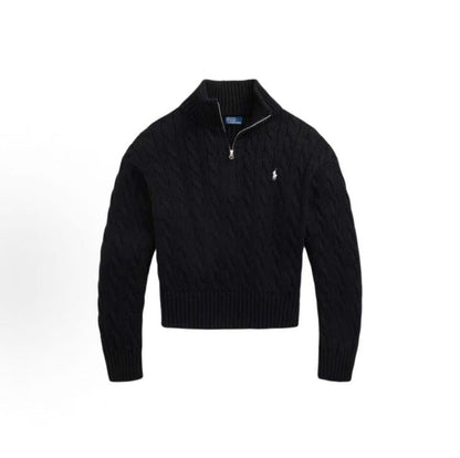 Ralph Lauren FW25 Little Horse Embroidery Solid Twill Knitted Cotton Quarter-Zip Pullover Long Sleeve Ribbed Sleeveless Hem Knit Shirt Loose Fit Women's Polo Black