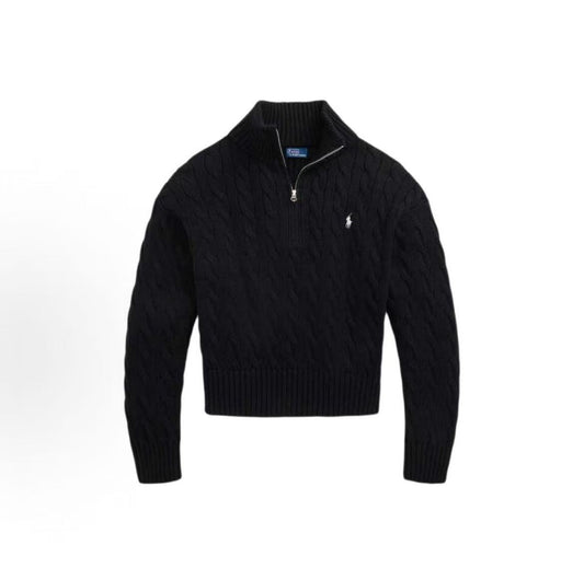Ralph Lauren FW25 Little Horse Embroidery Solid Twill Knitted Cotton Quarter-Zip Pullover Long Sleeve Ribbed Sleeveless Hem Knit Shirt Loose Fit Women's Polo Black