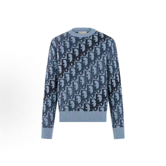 DIOR Men's SS26 Spring Essentials Collection Oblique Print Ribbed Long-Sleeve Crewneck Sweater