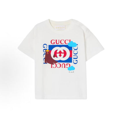 GUCCI T-shirt, Fall/Winter 2025, Printed Cotton Round-neck Short Sleeve, Loose Fit, White, Infant to Toddler Size