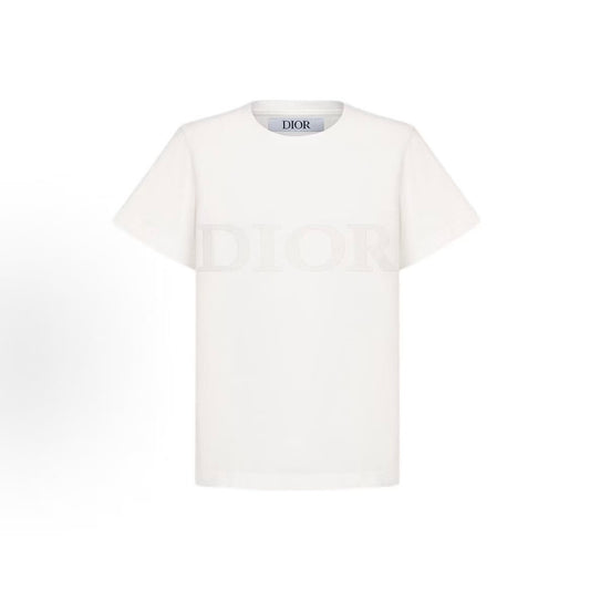 DIOR T-shirt, Fall/Winter 2024 collection. Logo letter print. V-neck, round collar, short sleeve. White color. Children's size.