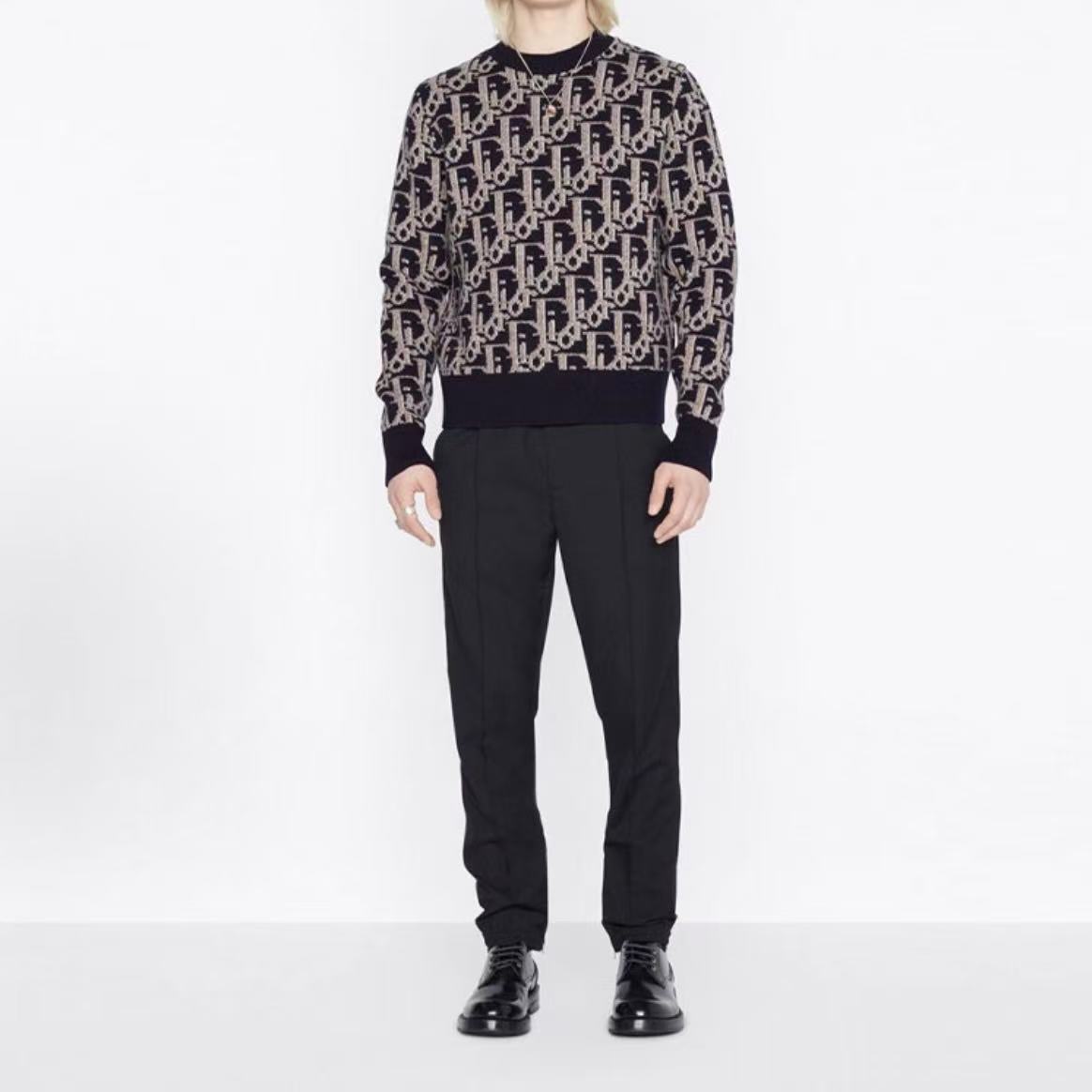 DIOR DIOR Seasonal New Product FW22 Long-sleeved Pullover with Logo Pattern Printed All Over Men's Style Navy Blue Sweater