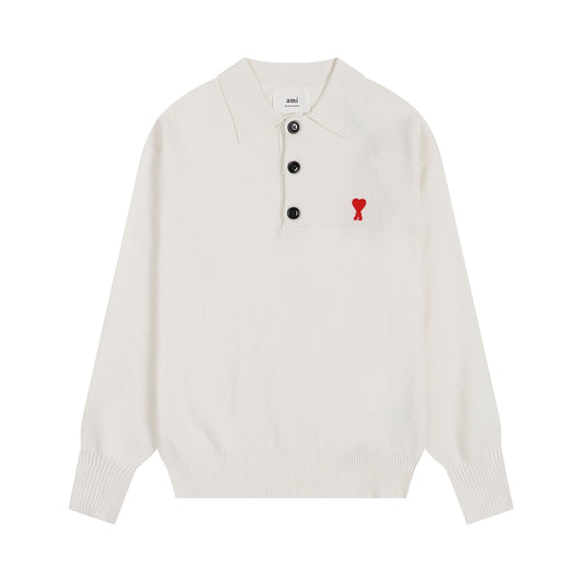 AMI Small Logo Button Polo Sweatshirt Beige