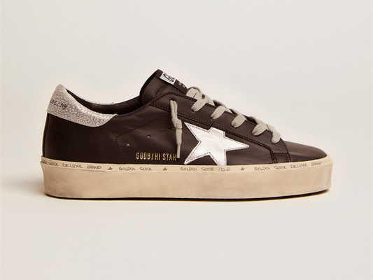 GOLDEN GOOSE Hi Star sneakers in black leather with silver laminated leather star