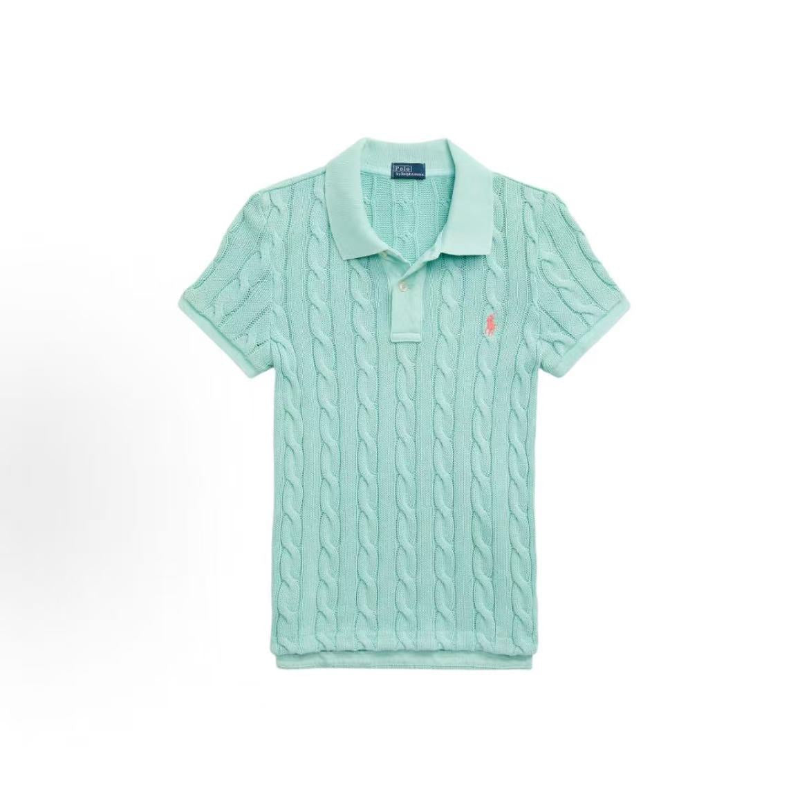 Ralph Lauren SS24 Solid-color Cotton Twill Plaid Pullover with Buttoned Short Sleeves and Ribbed Collar - Knitted Shirt - Form-fitting Style - Women's - Green