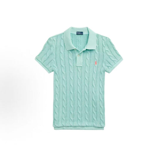 Ralph Lauren SS24 Solid-color Cotton Twill Plaid Pullover with Buttoned Short Sleeves and Ribbed Collar - Knitted Shirt - Form-fitting Style - Women's - Green
