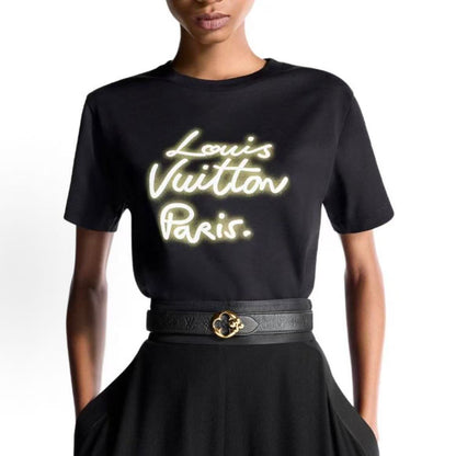 LOUIS VUITTON SS25 Neon Logo Round-neck Short-sleeved T-Shirt for Women - White - Classic Straight Fit Design
