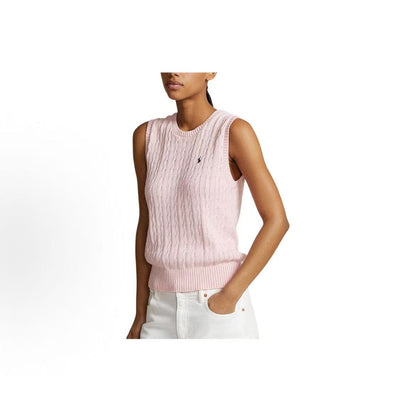 Ralph Lauren SS24 Small Horse Logo Embroidered Twisted Knitted Cotton Roundneck Pullover Sleeveless Backless Crop Top Women's Style Pink