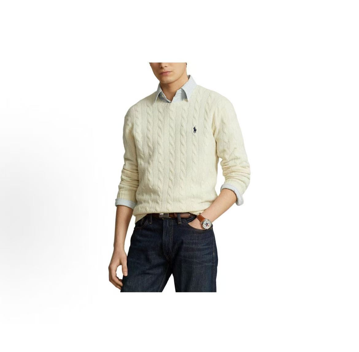 Ralph Lauren FW22 Solid Logo Embroidered Cozy Plaid Long-Sleeved Sweater - Standard Fit Men's Style - Cream Color
