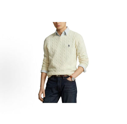 Ralph Lauren FW22 Solid Logo Embroidered Cozy Plaid Long-Sleeved Sweater - Standard Fit Men's Style - Cream Color