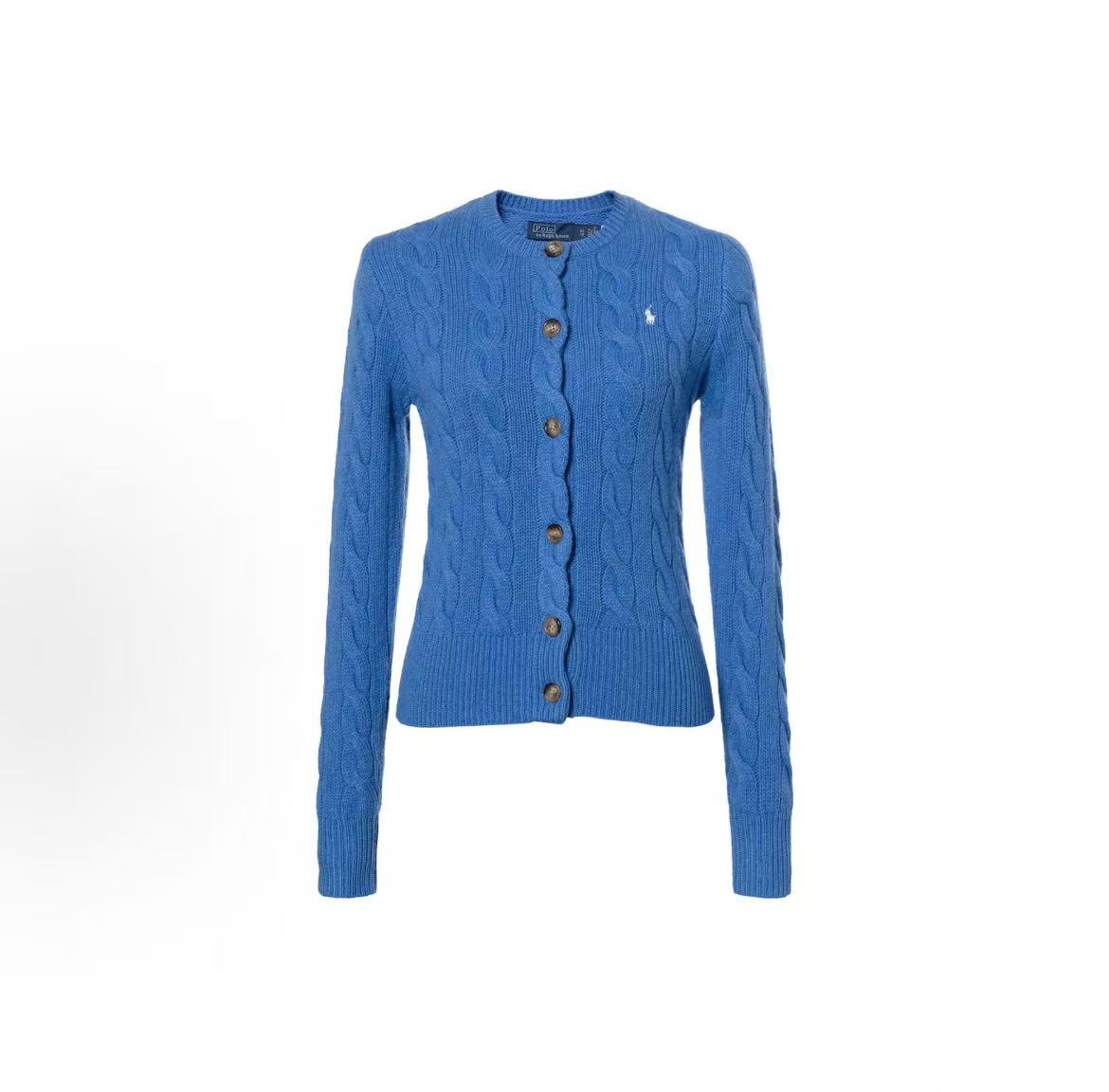 Ralph Lauren Solid-color Round-neck Short Sleeve Single-Button Long-Sleeved Sweater Standard Fit Women's Blue