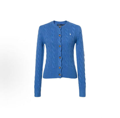 Ralph Lauren Solid-color Round-neck Short Sleeve Single-Button Long-Sleeved Sweater Standard Fit Women's Blue