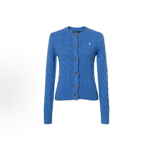 Ralph Lauren Solid-color Round-neck Short Sleeve Single-Button Long-Sleeved Sweater Standard Fit Women's Blue