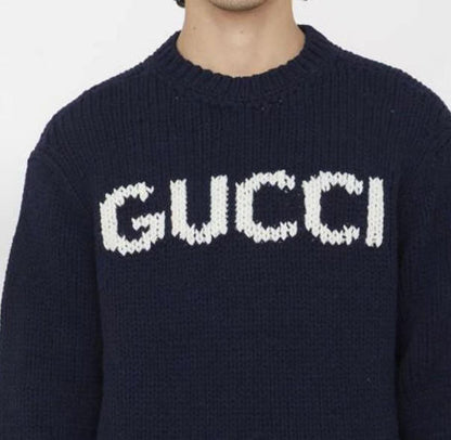 GUCCI Gucci Letter Logo Printed Round-neck Long-sleeved Knit Shirt for Men in Dark Blue
