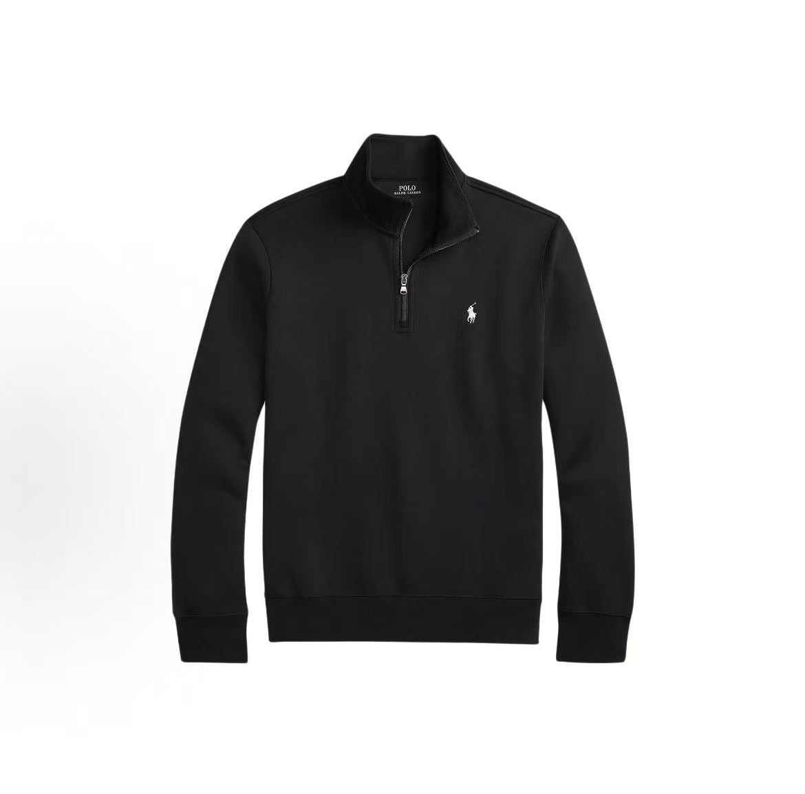 Ralph Lauren Small Horse Embroidered Logo Pattern Cotton Blend High-neck Two-Sided Knitted Quarter-Zip Pullover Long Sleeve Shirt Standard Fit Men's Polo Black