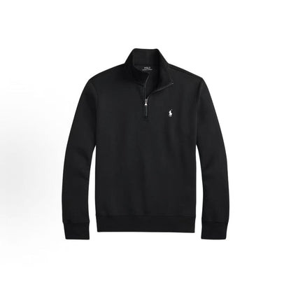 Ralph Lauren Small Horse Embroidered Logo Pattern Cotton Blend High-neck Two-Sided Knitted Quarter-Zip Pullover Long Sleeve Shirt Standard Fit Men's Polo Black