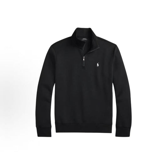 Ralph Lauren Small Horse Embroidered Logo Pattern Cotton Blend High-neck Two-Sided Knitted Quarter-Zip Pullover Long Sleeve Shirt Standard Fit Men's Polo Black
