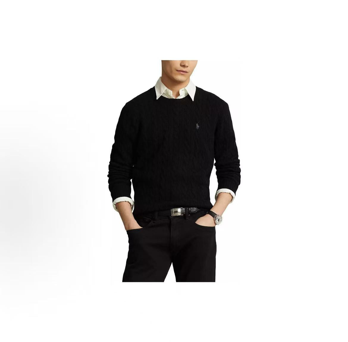 Ralph Lauren FW22 Solid-color Logo Embroidered Chunky Twill Knitted Wool and Cashmere Blend Long Sleeve Sweater Standard Fit Men's Black