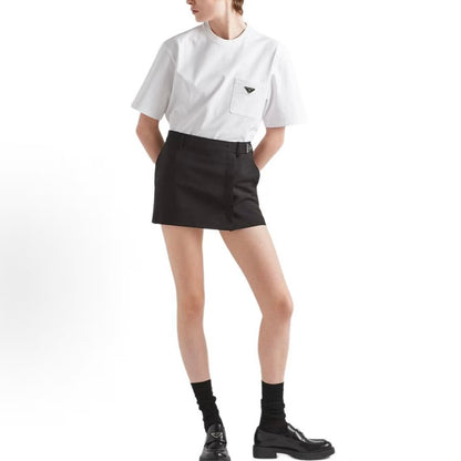 PRADA SS23 Solid Logo Front Patched Plain Knit Round-neck Short Sleeve T-shirt with A-line Sleeves for Women - White