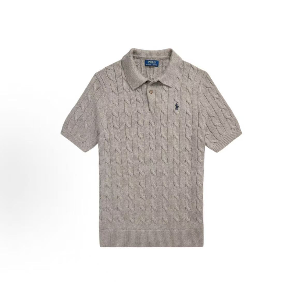 Ralph Lauren Petite Spurs Embroidered Logo Pattern Twisted Knitted Cotton Polo Collar Double Button Front Pullover Short Sleeve Polo Shirt Standard Fit Men's Style Gray