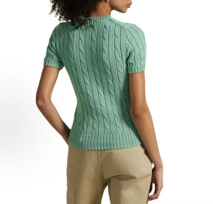 Ralph Lauren Small Horse Logo Embroidered Twisted Knot Cotton Roundneck Pullover Short Sleeve Knit Shirt Standard Fit Women's Green