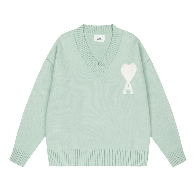 AMI Big Logo V Neck Sweater Mint Green
