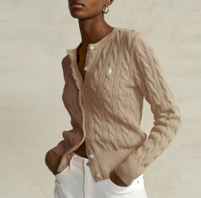Ralph Lauren Solid Embroidered Plaid Long-Sleeved Knit Shirt - Standard Fit - Women's - Brown