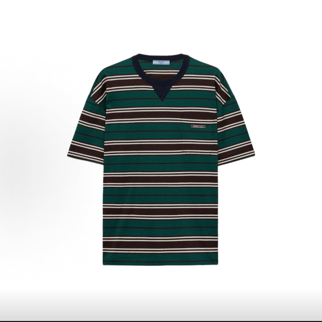 PRADA Striped Round-Neck Patch Pocket Short Sleeve T-Shirt for Women, Jade Green