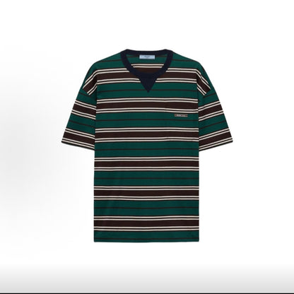 PRADA Striped Round-Neck Patch Pocket Short Sleeve T-Shirt for Women, Jade Green