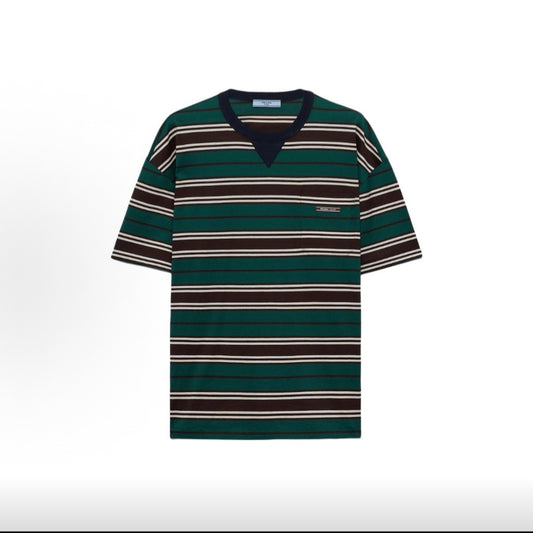 PRADA Striped Round-Neck Patch Pocket Short Sleeve T-Shirt for Women, Jade Green