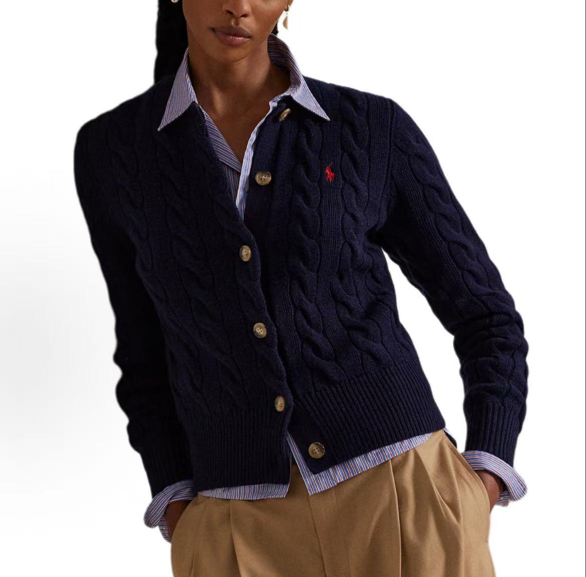 Ralph Lauren FW25 Striped Knitted Cable-knit Buttoned Long-Sleeved Sweater - Slim Fit Women's Style